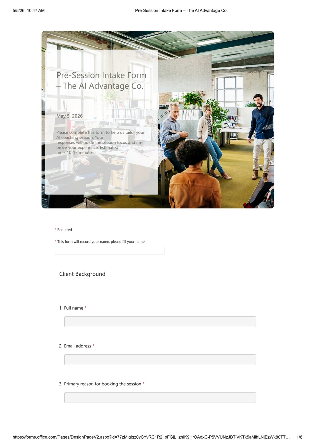 Pre-session intake form — client-facing PDF.