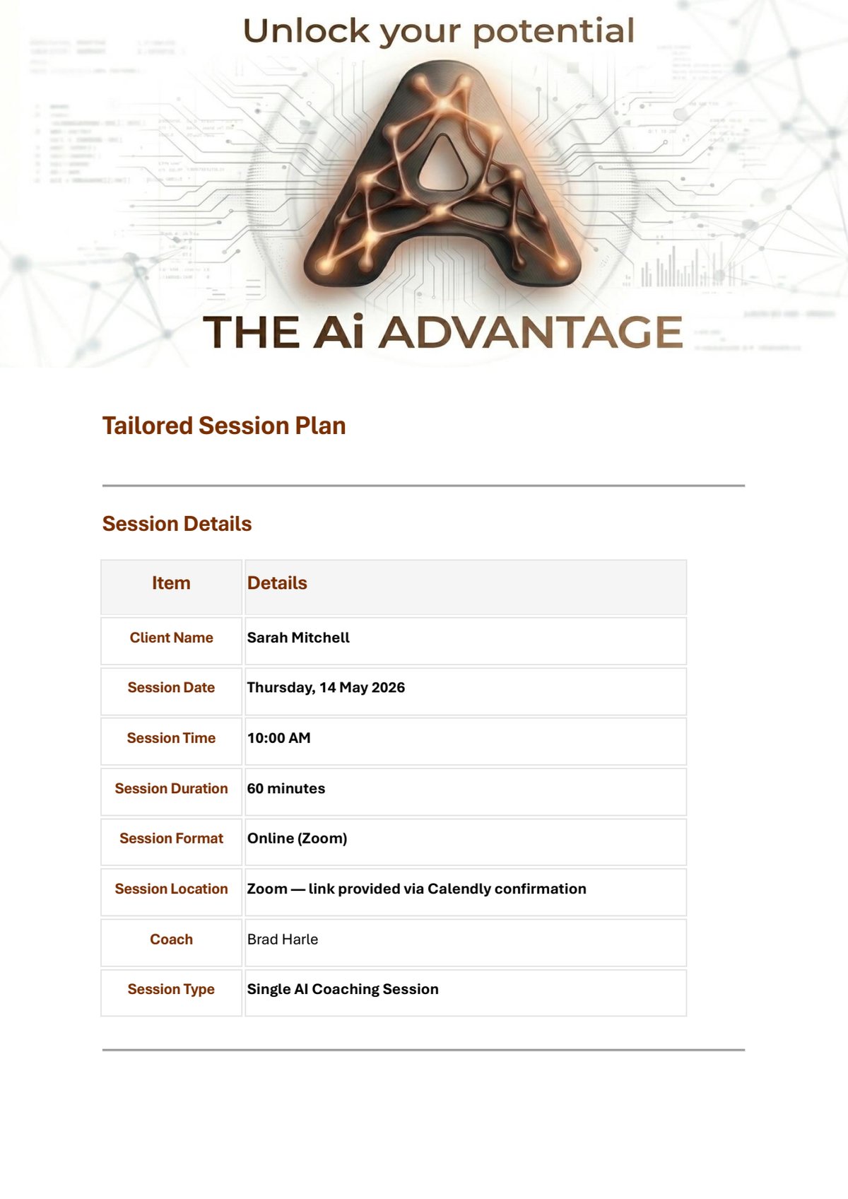 Sample session plan document — letterheaded layout.