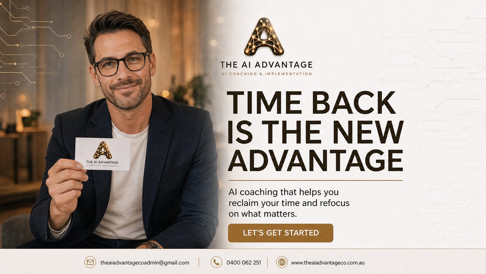 Static ad: Time back is the new advantage, man with glasses holding business card, premium light style.