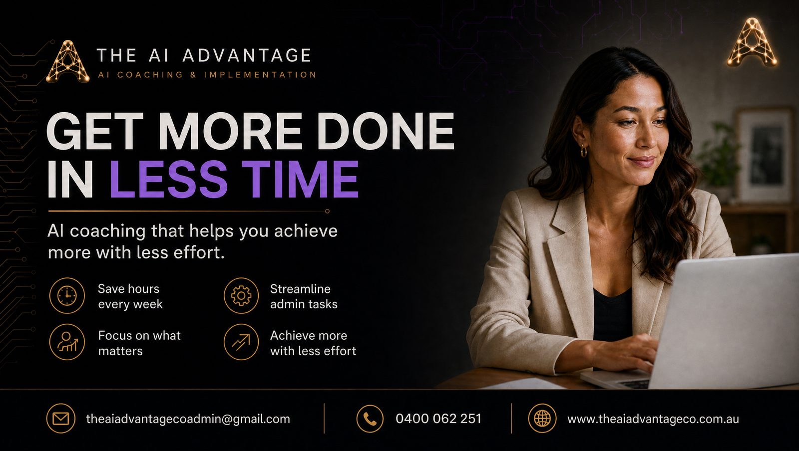 Social ad: Get more done in less time, purple accent feature bullets.