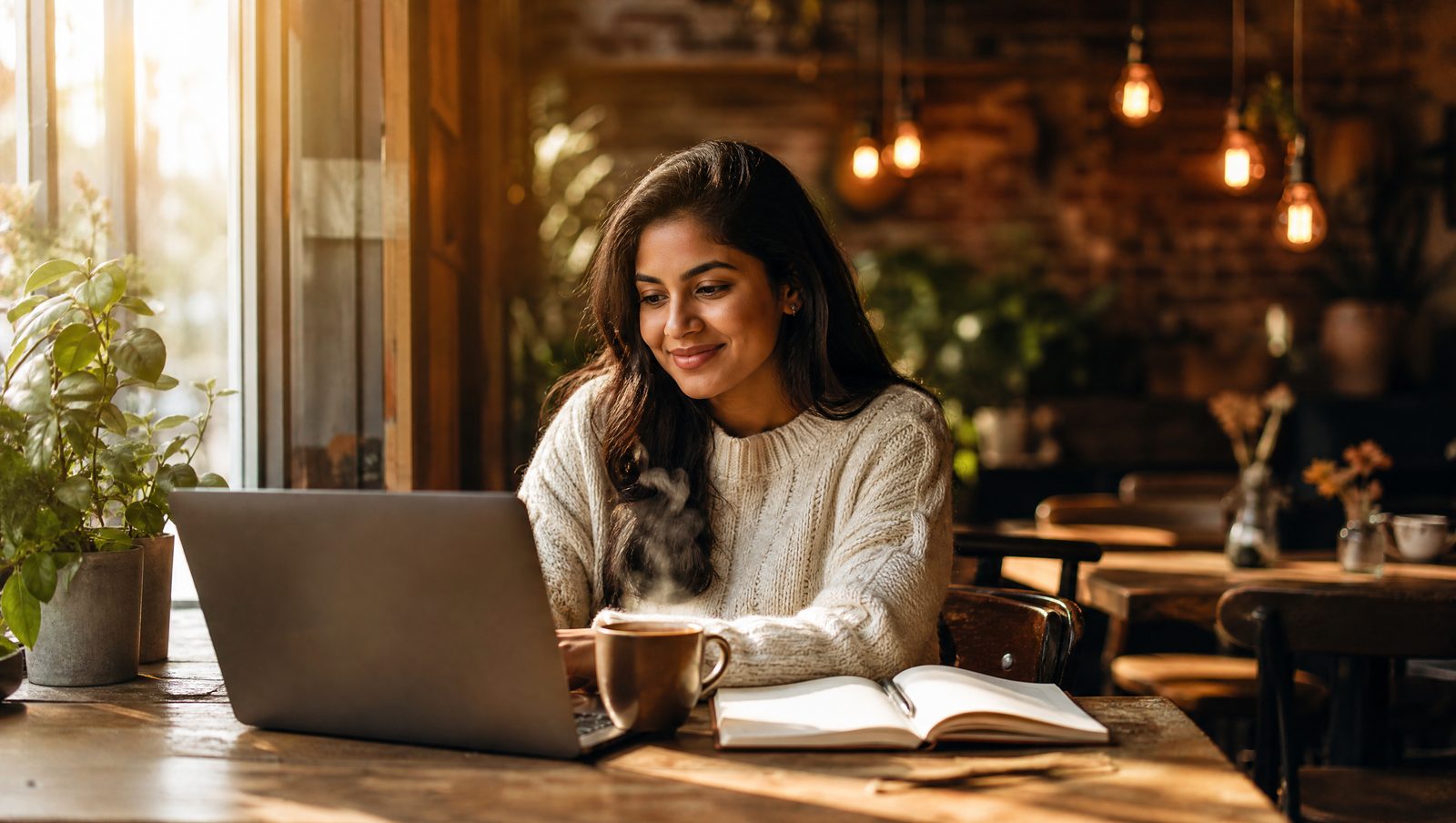 A solo founder working from a sunlit cafe corner, laptop open and notebook beside her.