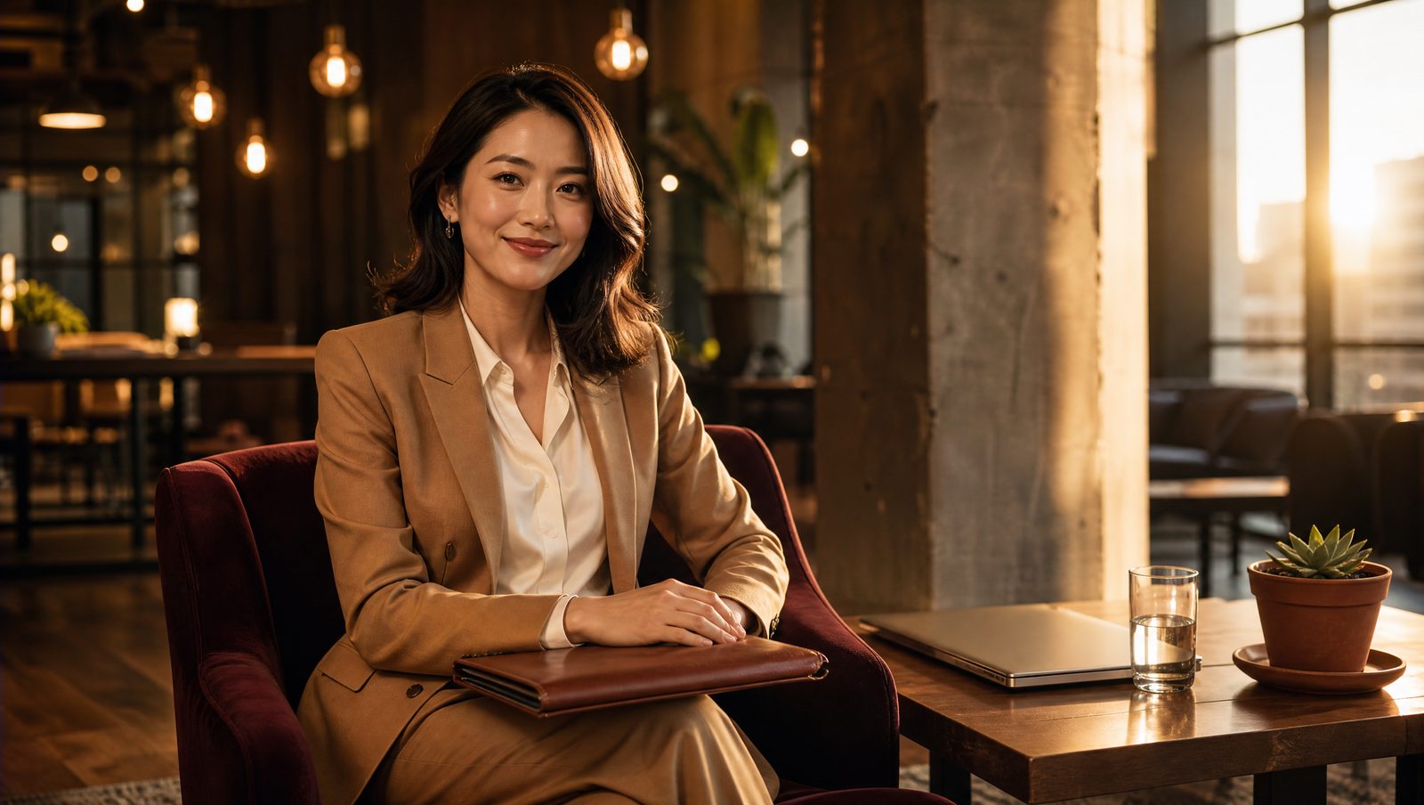 A confident small-business owner in a refined warm-lit lounge with a leather portfolio.