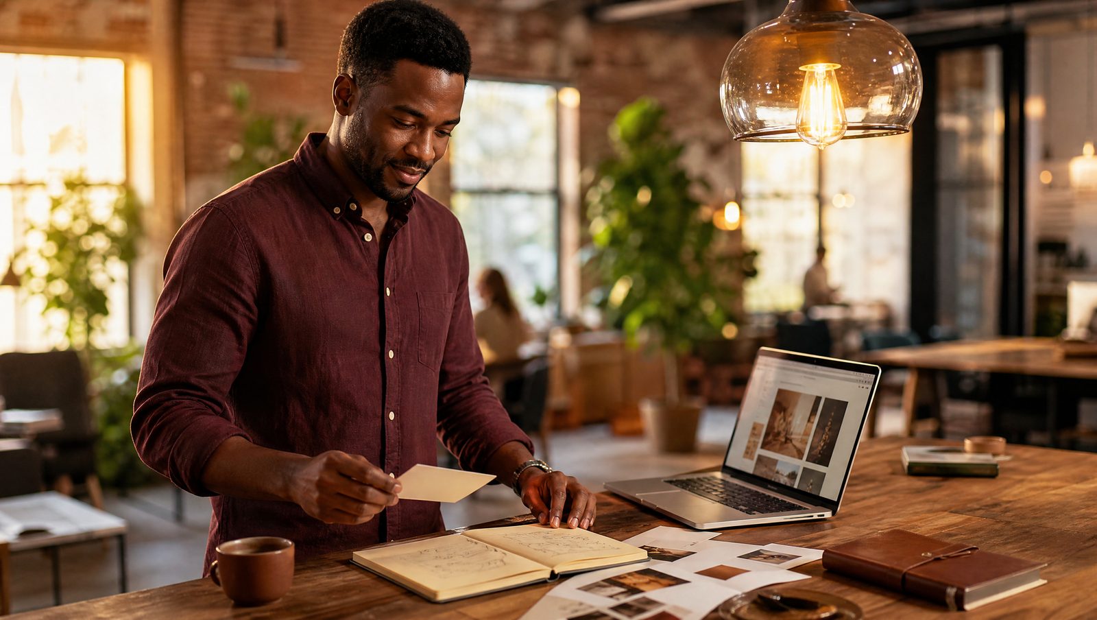 A small-business owner reviewing brand assets and a website mockup at a coworking desk.