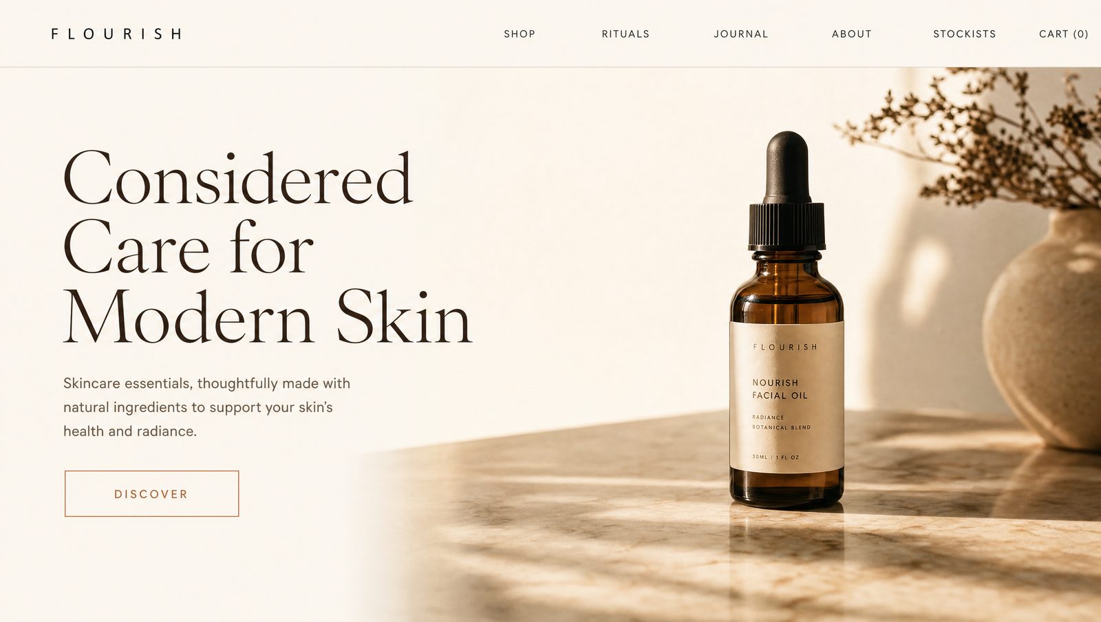 Website mockup — Editorial style — warm cream background, large serif headline, single product photo.