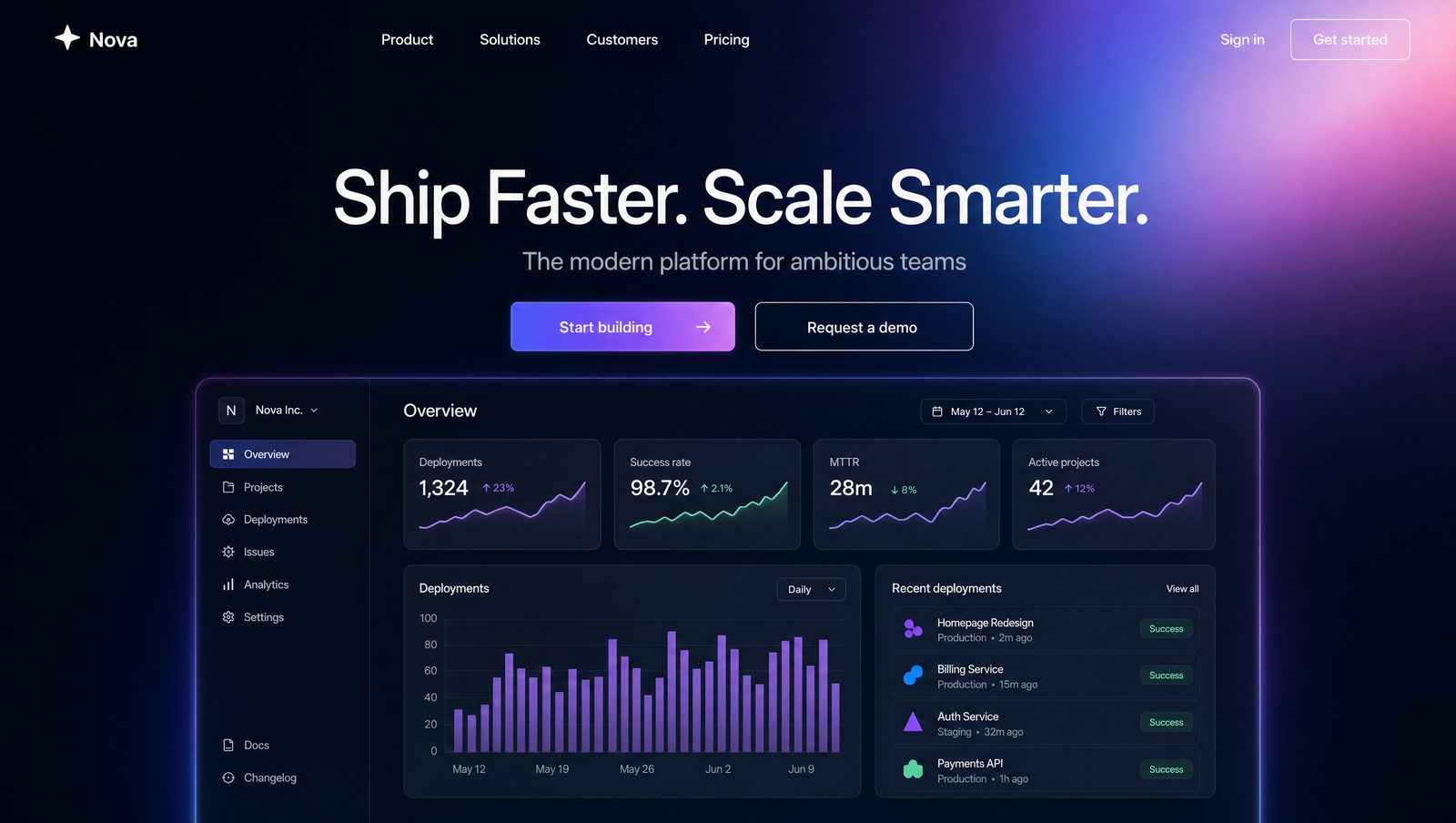 Website mockup — Tech style — dark navy background with purple-blue gradient mesh and a modern dashboard preview.