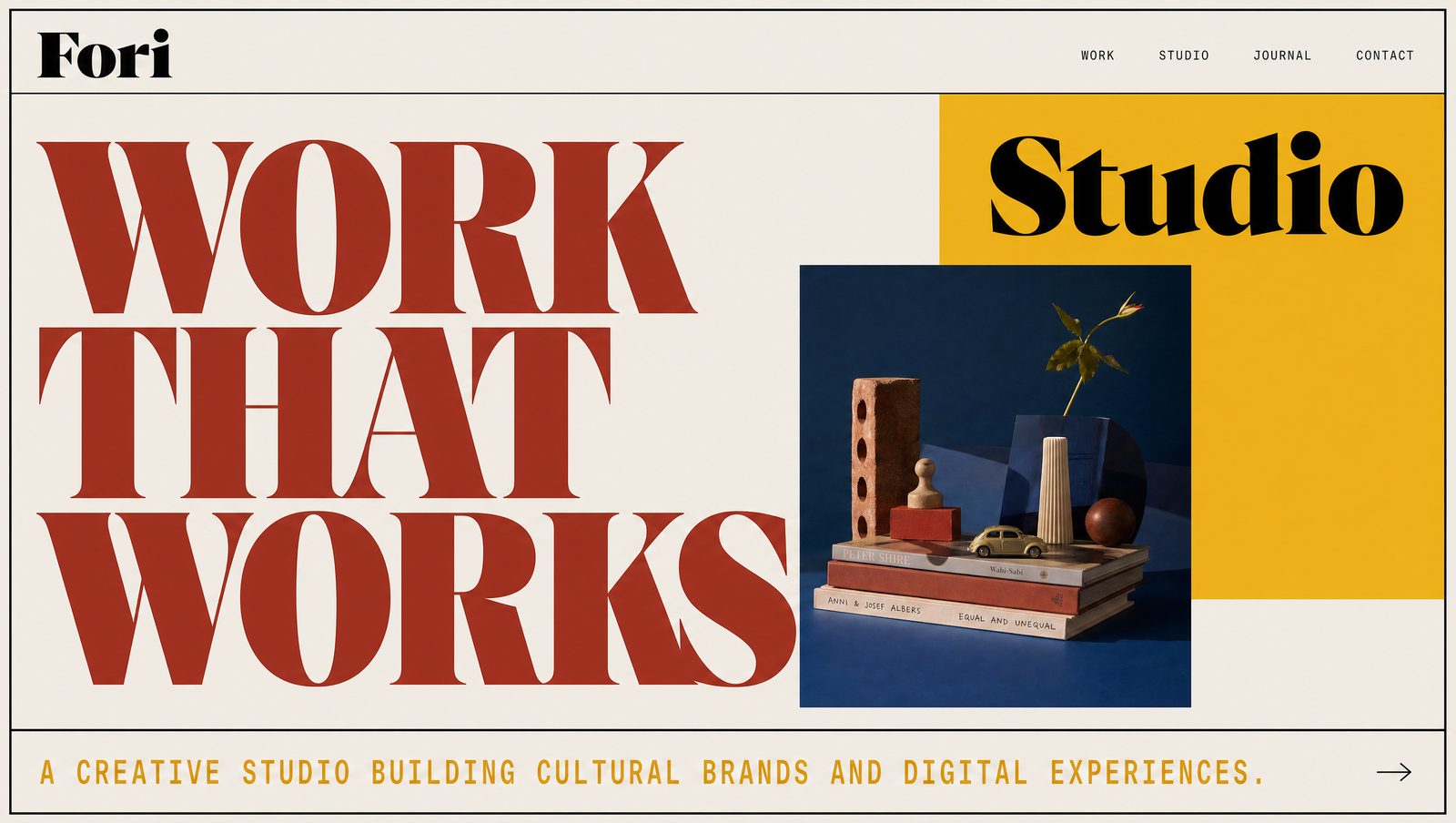 Website mockup — Statement style — asymmetric bold layout with brick red display headline, mustard color block, brutalist design.